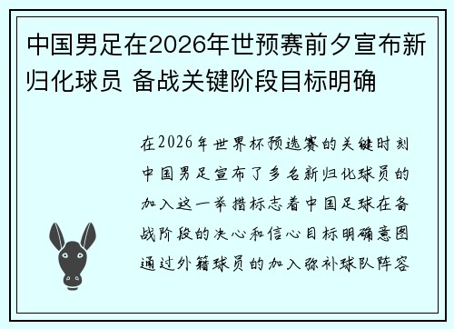 中国男足在2026年世预赛前夕宣布新归化球员 备战关键阶段目标明确 中国男足在2026年世预赛前夕宣布新归化球员 备战关键阶段目标明确